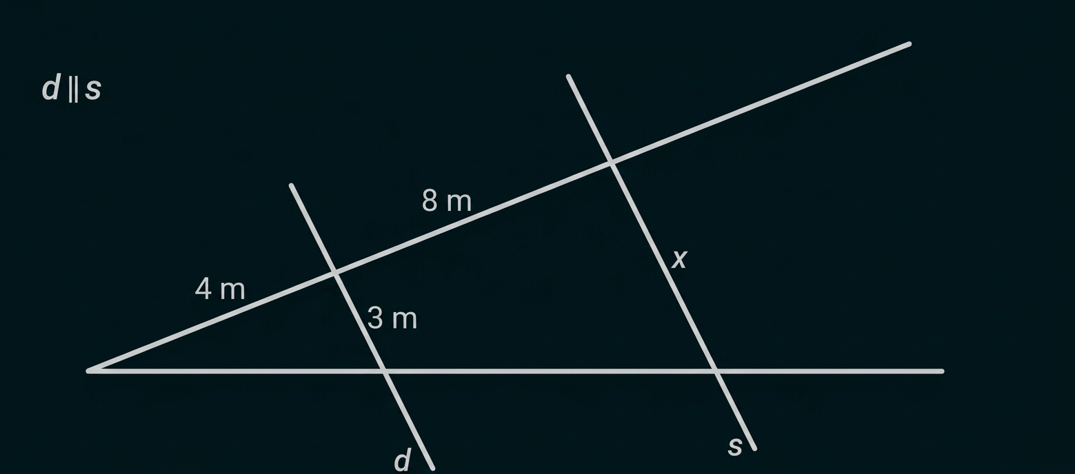 Strahlensatz mit parallelen Geraden d und s, Streckenlängen 4 m, 8 m, 3 m und x.